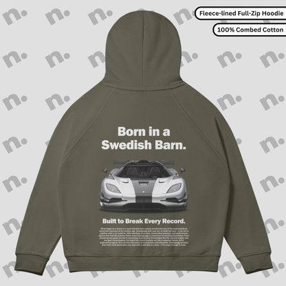 Fleece-lined full-zip hoodie with Koenigsegg One poster design — performance-inspired style with everyday comfort