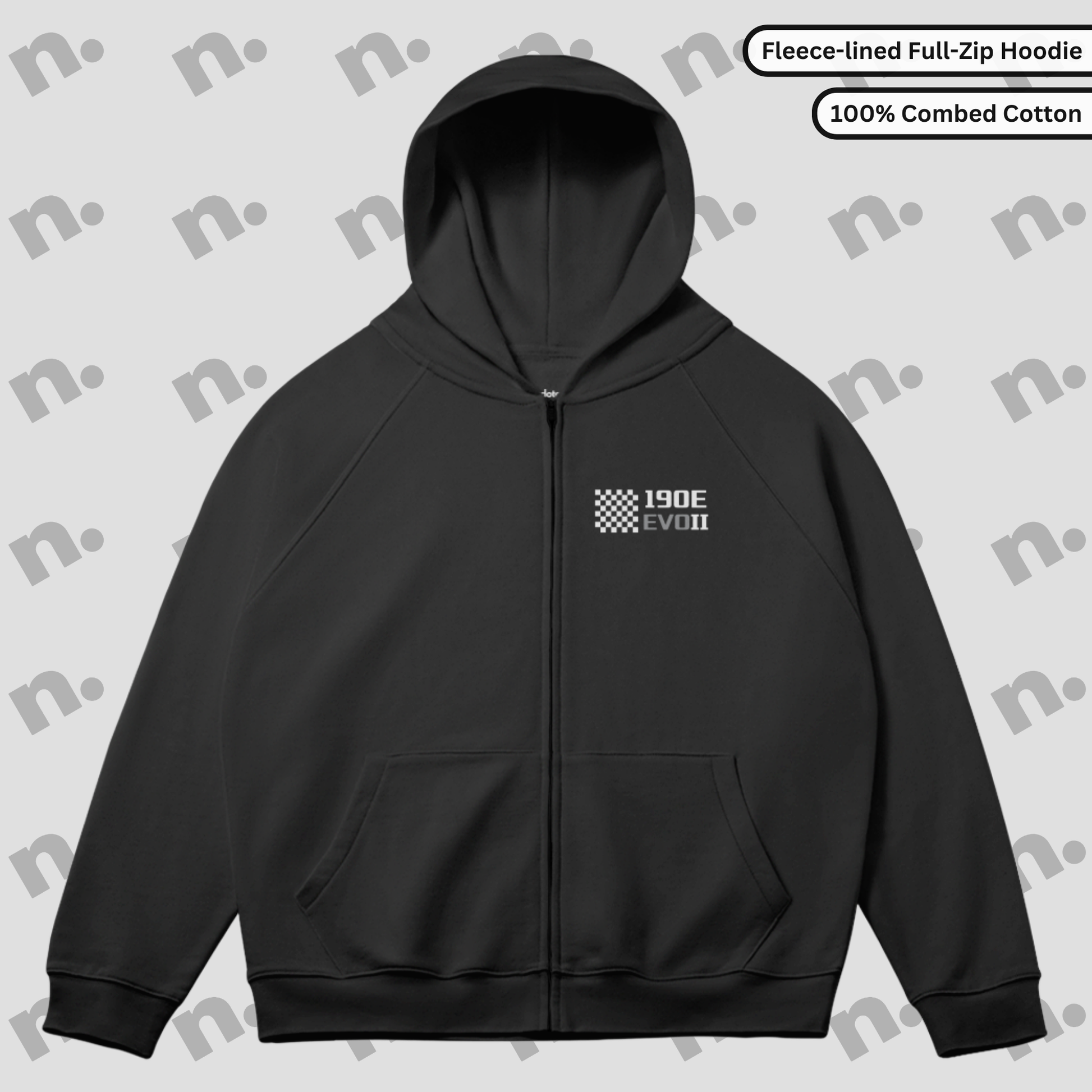 Flat lay of a full-zip fleece hoodie featuring a Mercedes 190E Evo II inspired design, styled with motorsport-themed accessories on a clean, neutral background.