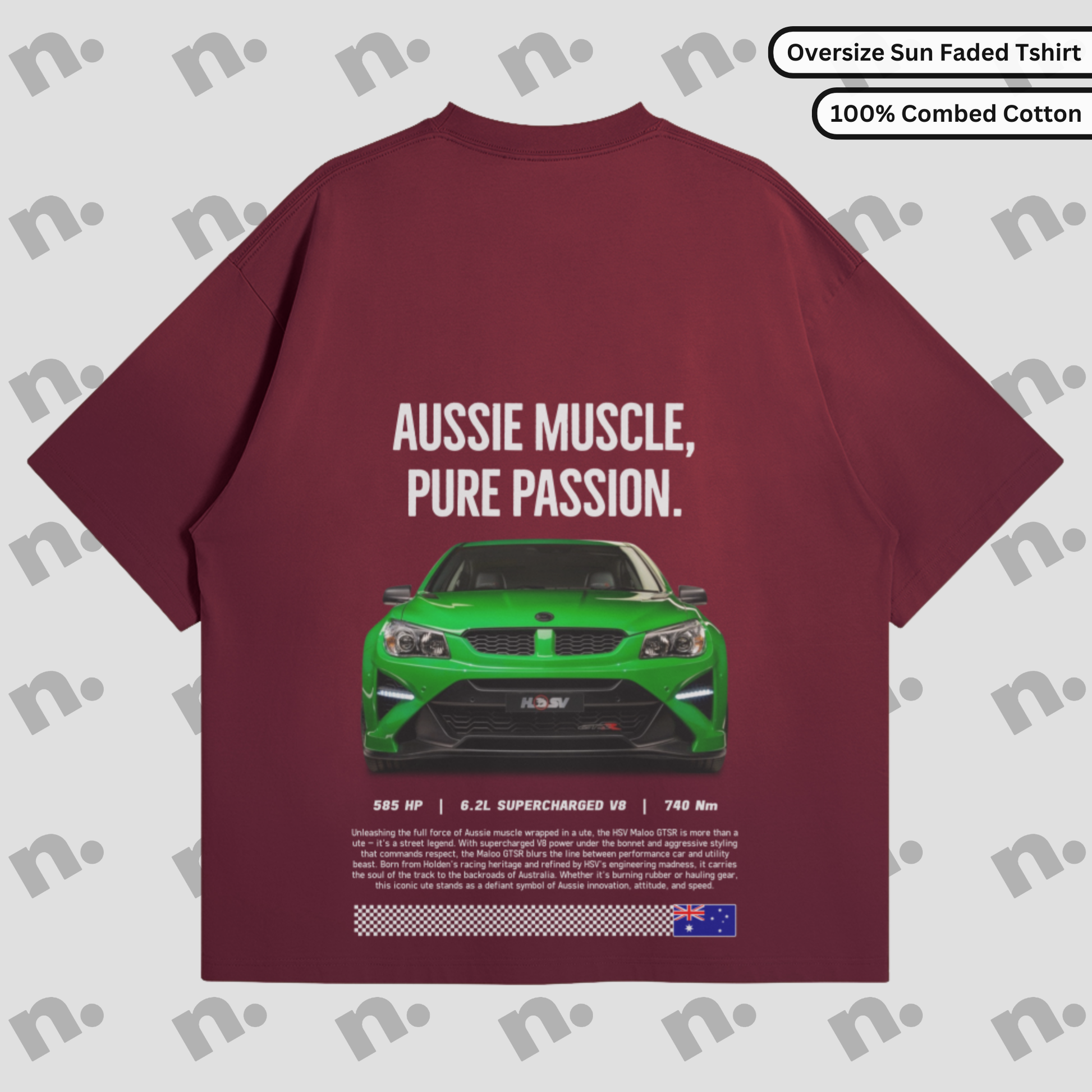 Flat lay of vintage-washed oversized tee with tonal gradient and relaxed boxy fit, inspired by Aussie muscle car performance.