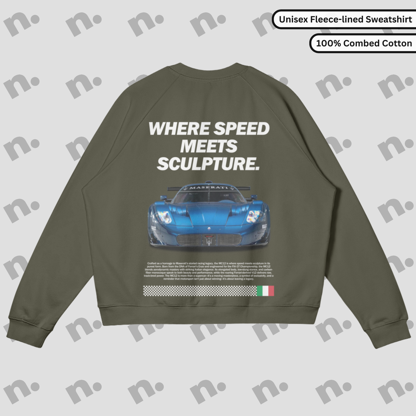 Flat lay of heavyweight fleece-lined earth tone sweatshirt with minimalist speed-inspired graphic and relaxed crewneck fit.