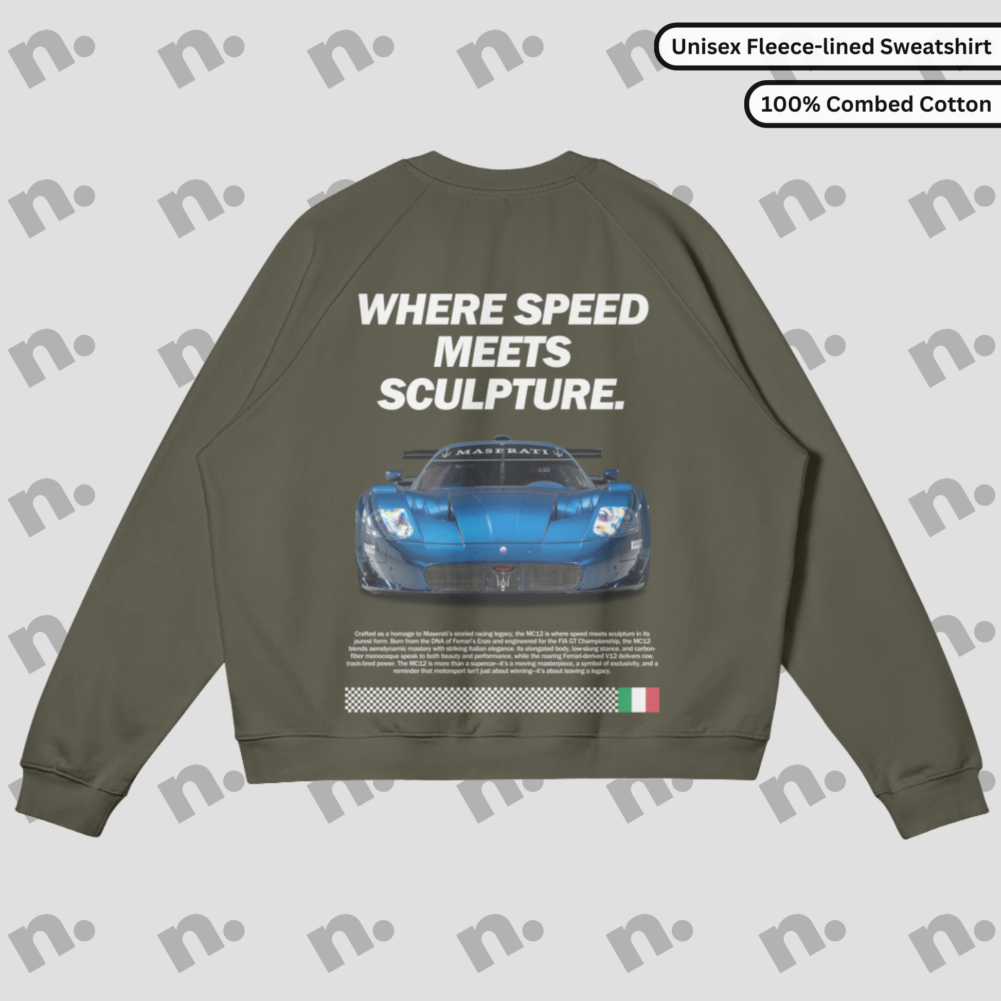 Flat lay of heavyweight fleece-lined earth tone sweatshirt with minimalist speed-inspired graphic and relaxed crewneck fit.