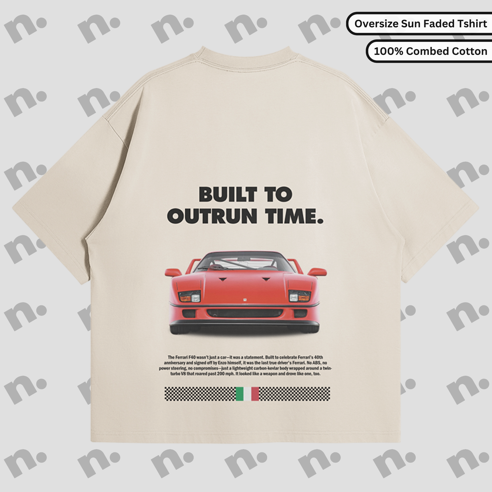 Flat lay of a premium black T-shirt featuring a vintage Ferrari F40 design with the text "Built to Outrun Time", styled with modern streetwear accessories on a neutral background.
