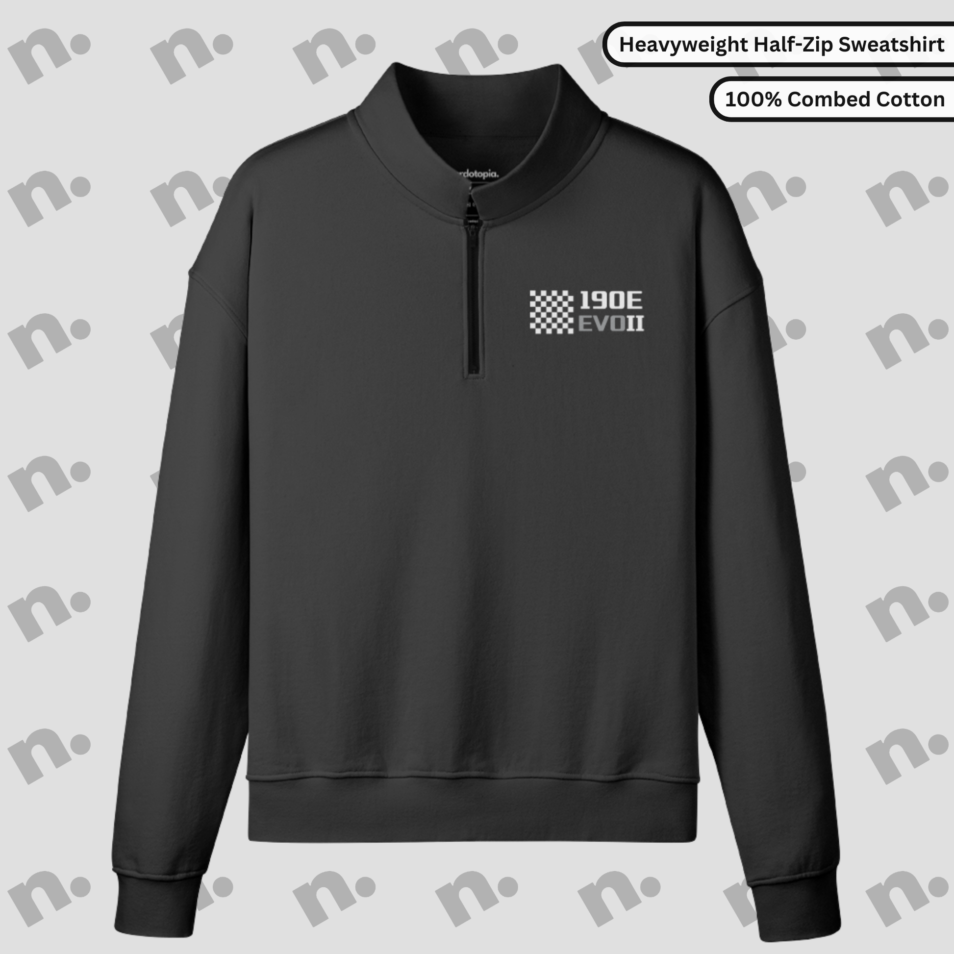 Flat lay of a half-zip stand collar sweatshirt featuring a clean 190E Evo II inspired design, paired with motorsport-style accessories on a minimal, neutral background.