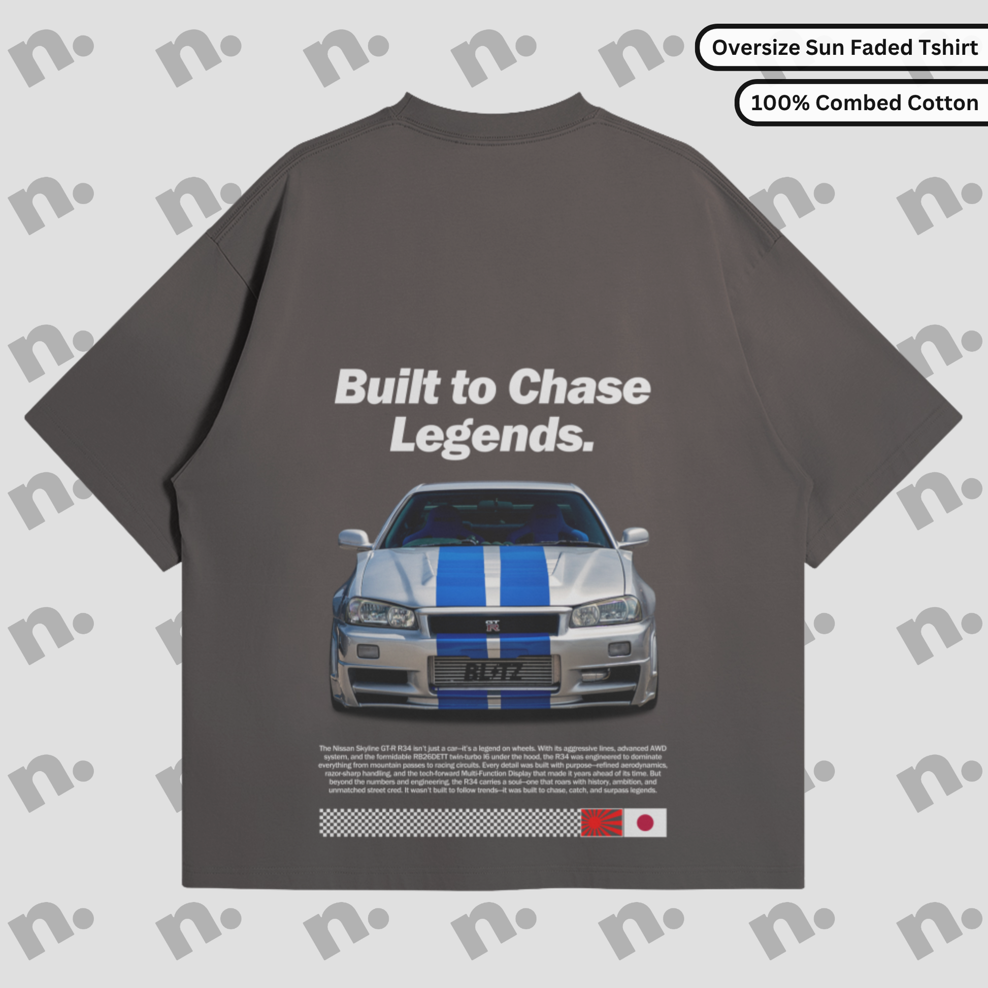 Oversized washed tee with R34-inspired back graphic and boxy fit, in vintage streetwear style.