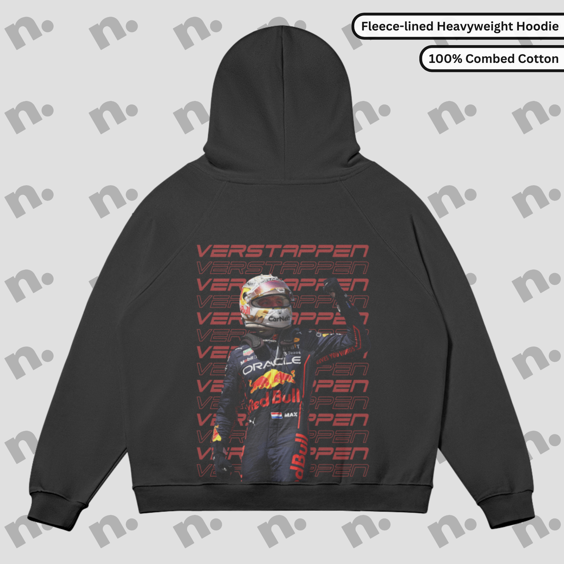 Flat lay of a premium hoodie featuring a bold Max Verstappen inspired design, styled with motorsport-themed accessories on a clean, neutral background.