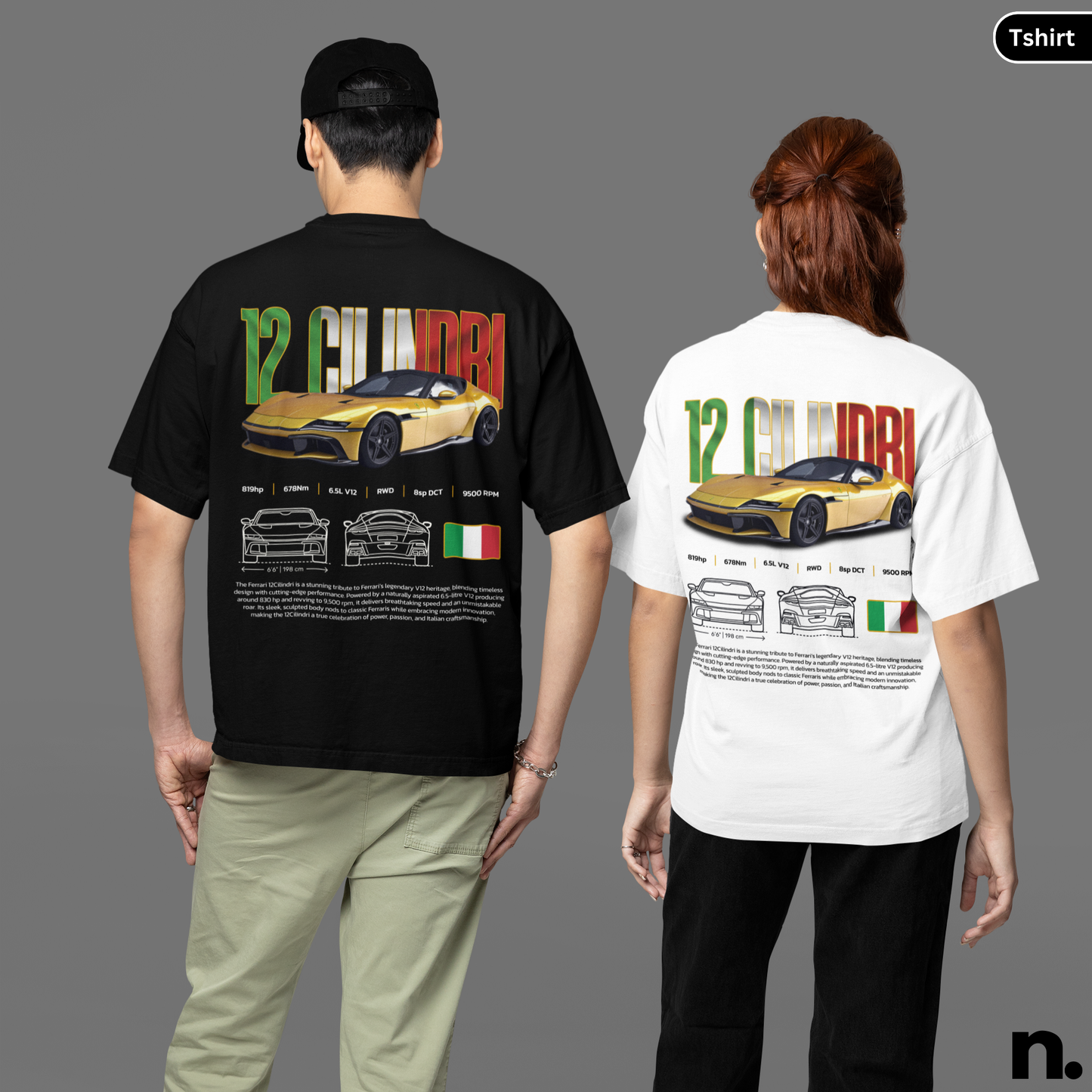 Two people wearing t-shirts with a car design and text on a gray background