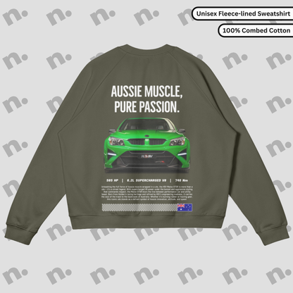 Flat lay of heavyweight fleece-lined crewneck sweatshirt in earth tones, inspired by high-performance Australian muscle car style.

