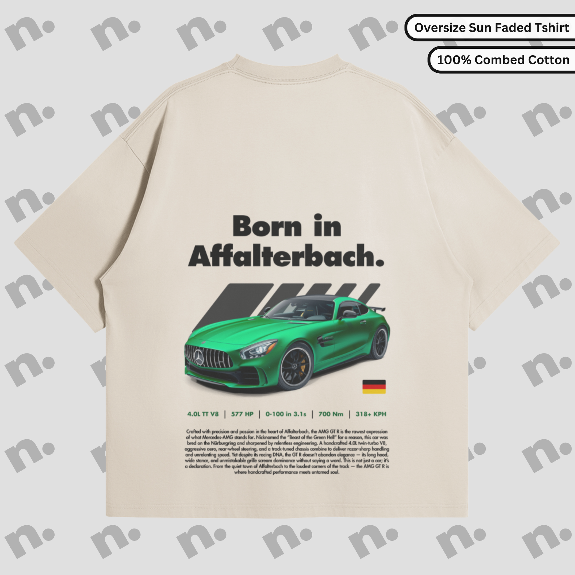 AMG-Born in Affalterbach oversized premium tee in black, high-quality cotton streetwear with bold graphic print – perfect for automotive enthusiasts.

