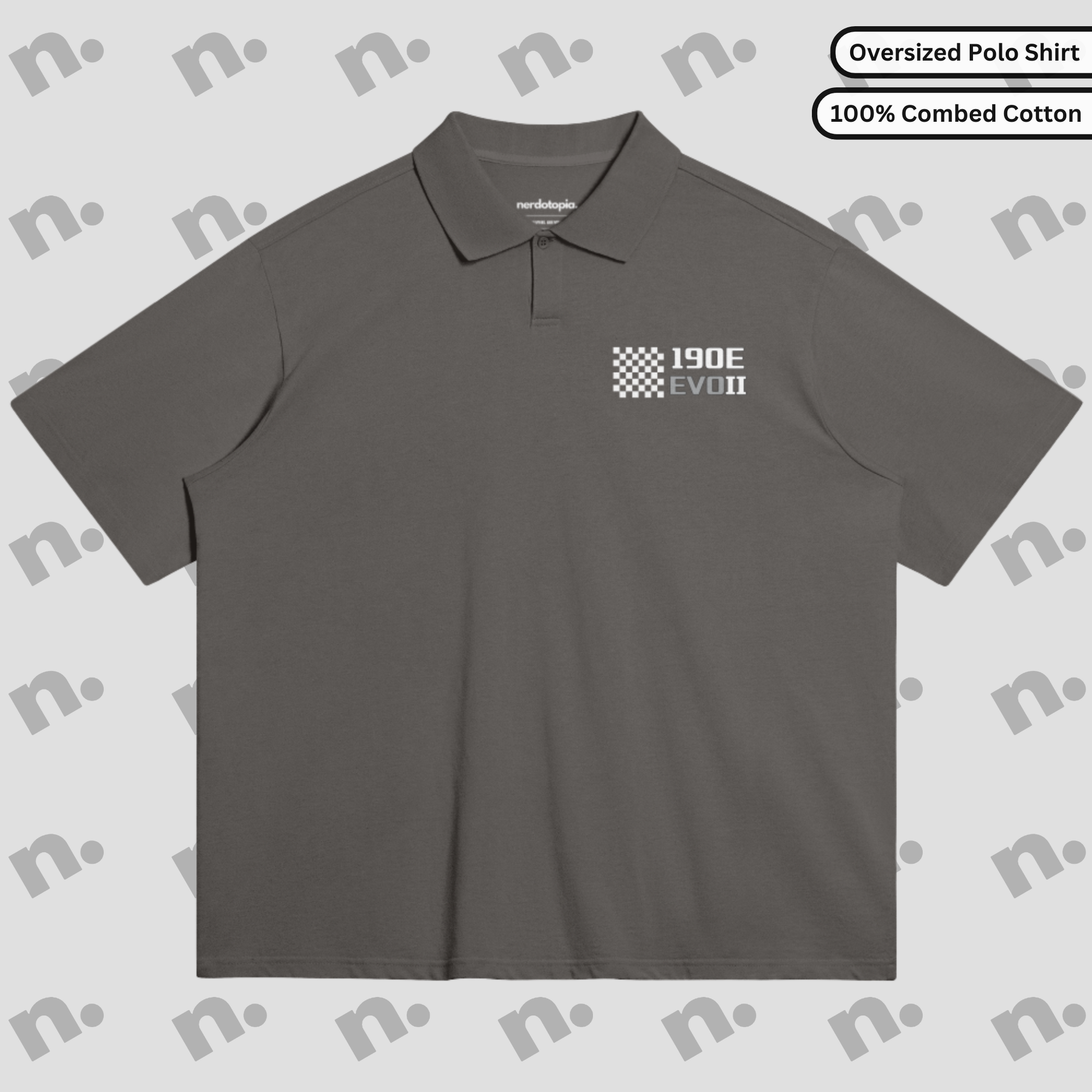 Flat lay of an oversized polo shirt featuring a subtle 190E Evo II inspired design, styled with motorsport and streetwear accessories on a neutral background.