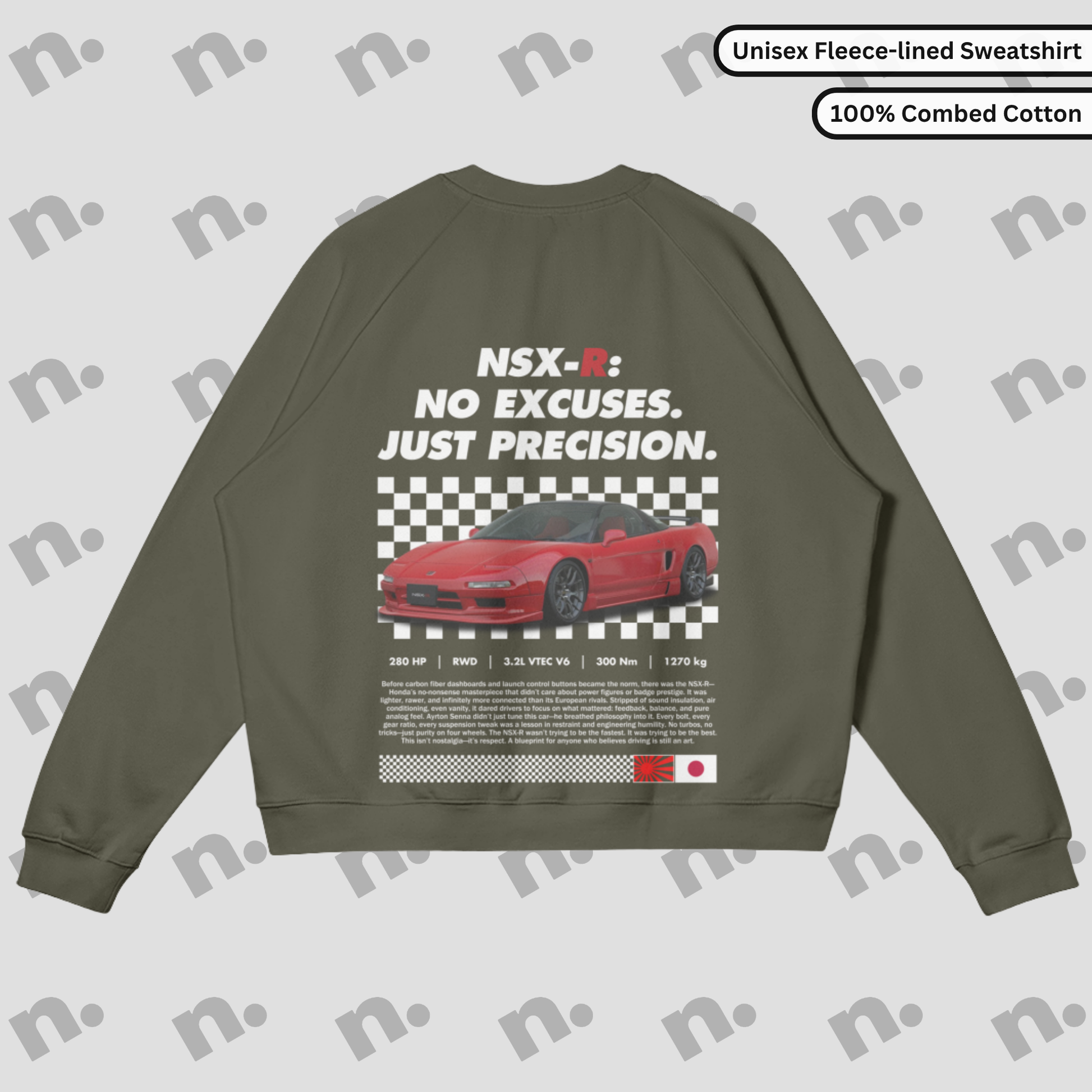 Heavyweight fleece-lined crewneck sweatshirt with raglan sleeves in earth tones, inspired by NSX-R design
