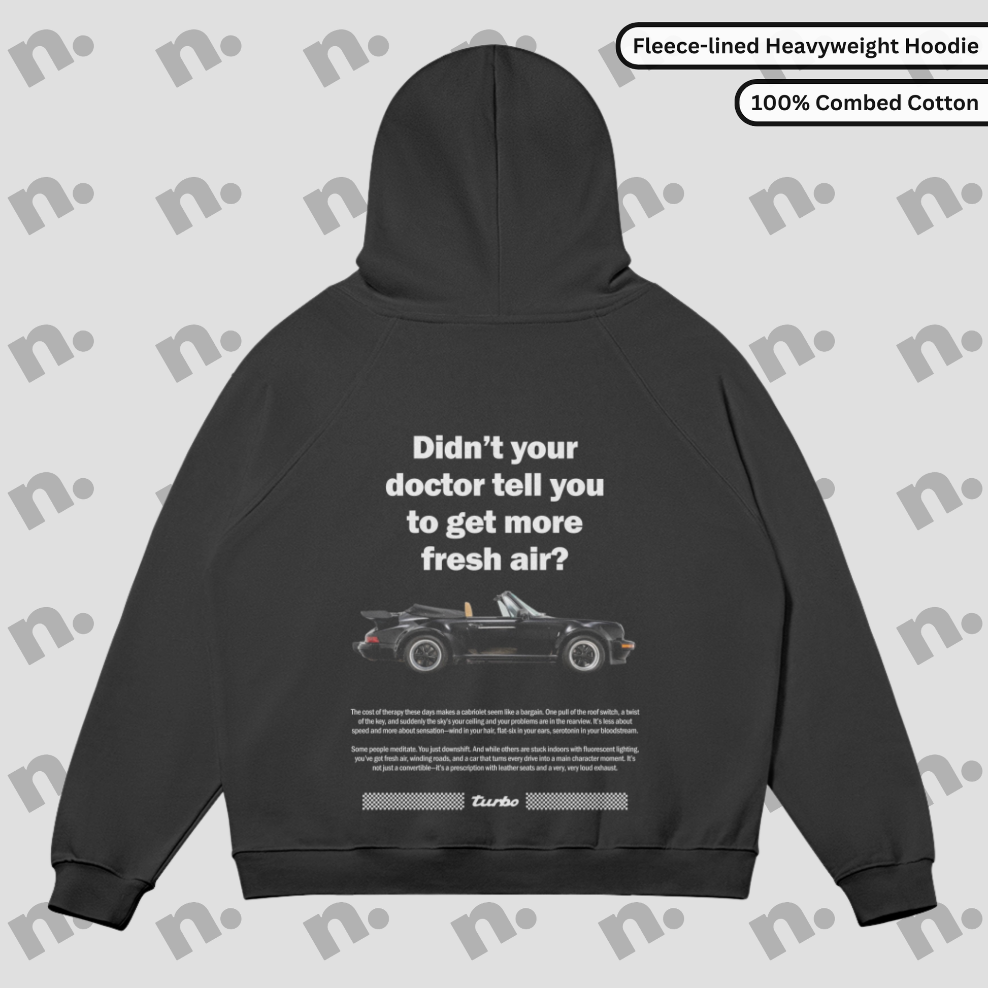 Premium oversized hoodie inspired by the classic Porsche 911 Cabriolet, featuring a sleek automotive-themed design, perfect for car enthusiasts.
