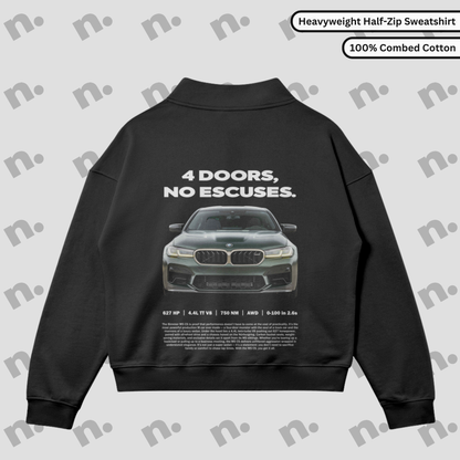Premium fleece-lined sweatshirt featuring “4 Doors, No Excuses.” design — a tribute to the BMW M5 CS, blending speed, comfort, and bold style.