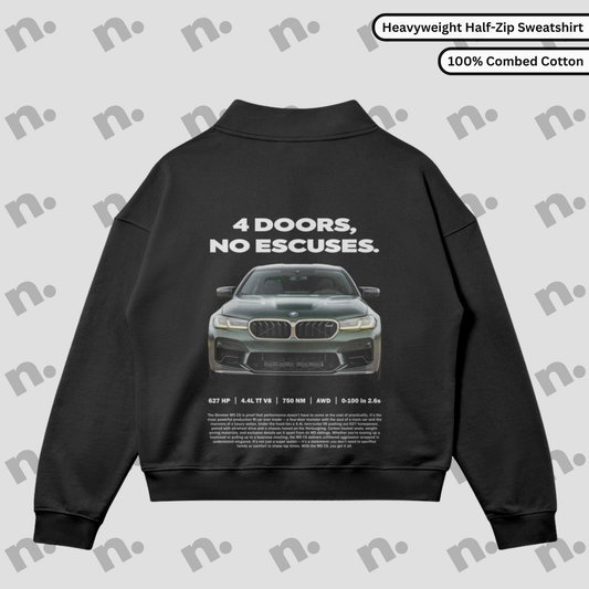 Premium fleece-lined sweatshirt featuring “4 Doors, No Excuses.” design — a tribute to the BMW M5 CS, blending speed, comfort, and bold style.