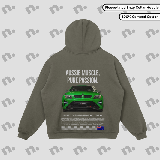 Flat lay of heavyweight vintage-washed hoodie with tonal gradient and distressed edges, inspired by Australian muscle car culture.