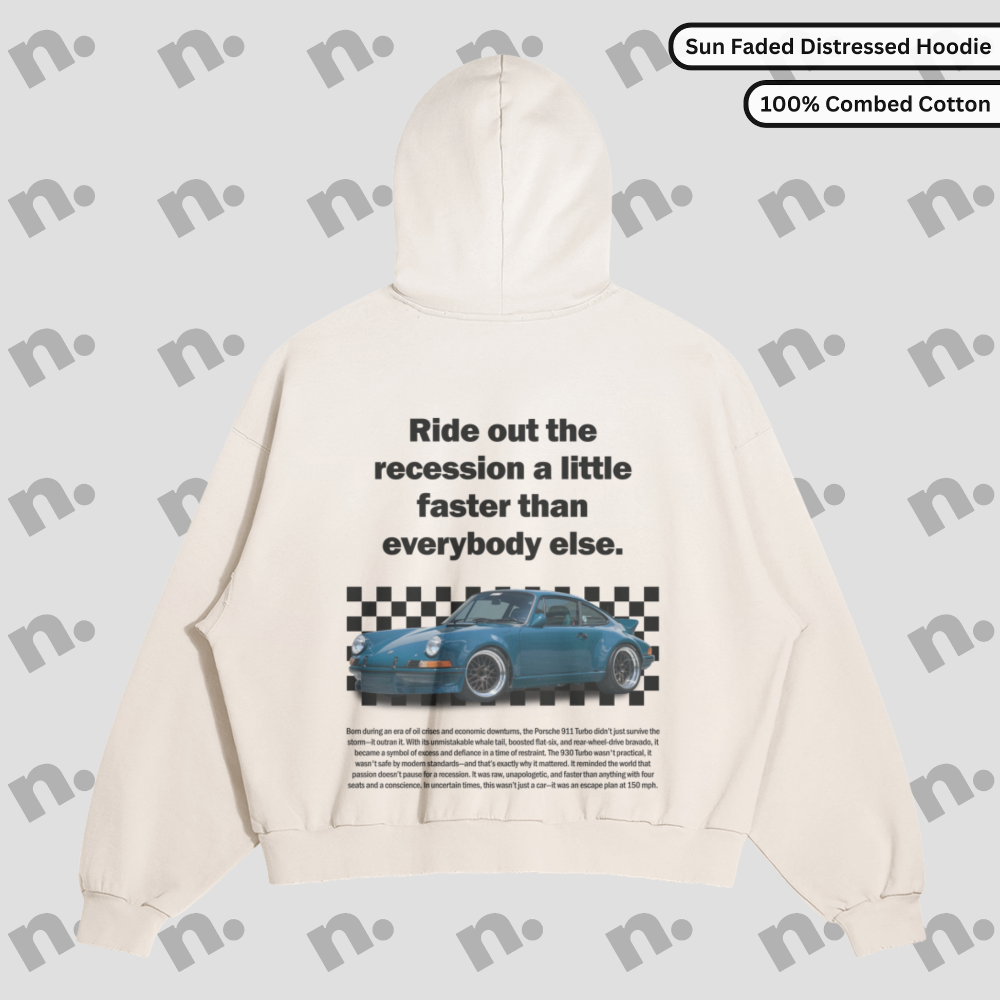 911 Turbo Recession Runner distressed sun faded hoodie – premium hoodie with worn-in Porsche 911 turbo styling and retro edge

