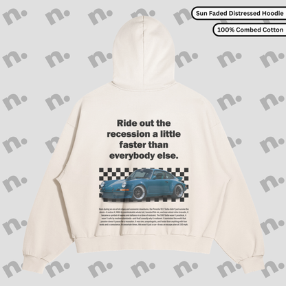 911 Turbo Recession Runner distressed sun faded hoodie – premium hoodie with worn-in Porsche 911 turbo styling and retro edge

