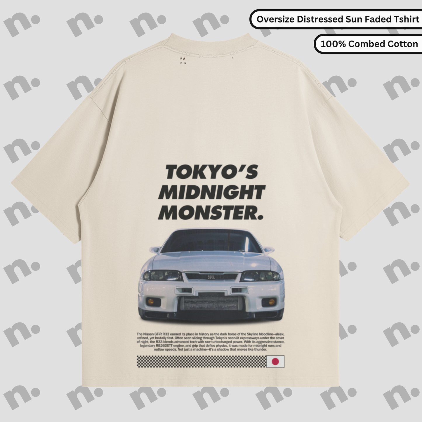 Flat lay of oversized washed-effect t-shirt featuring “TOKYO’S MIDNIGHT MONSTER.” GTR R33 design with distressed edges and tonal gradient, inspired by vintage Japanese street racing culture.