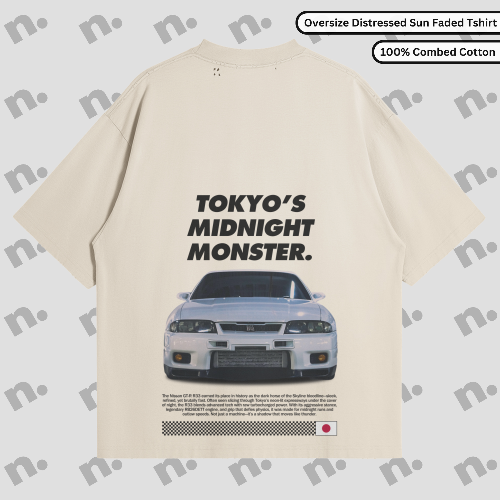 Flat lay of oversized washed-effect t-shirt featuring “TOKYO’S MIDNIGHT MONSTER.” GTR R33 design with distressed edges and tonal gradient, inspired by vintage Japanese street racing culture.