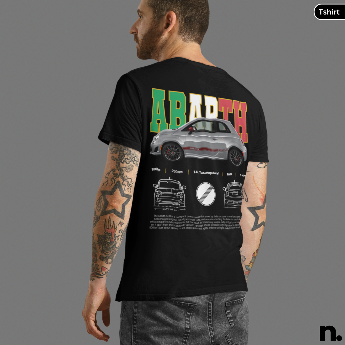 Person wearing a black t-shirt with 'Abarth' design on the back, featuring a car illustration and text. Abarth 500 Poster Style T-shirt