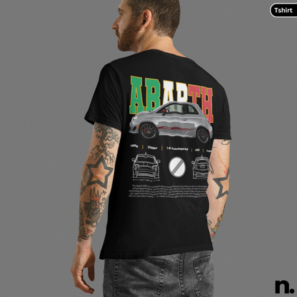 Person wearing a black t-shirt with 'Abarth' design on the back, featuring a car illustration and text. Abarth 500 Poster Style T-shirt