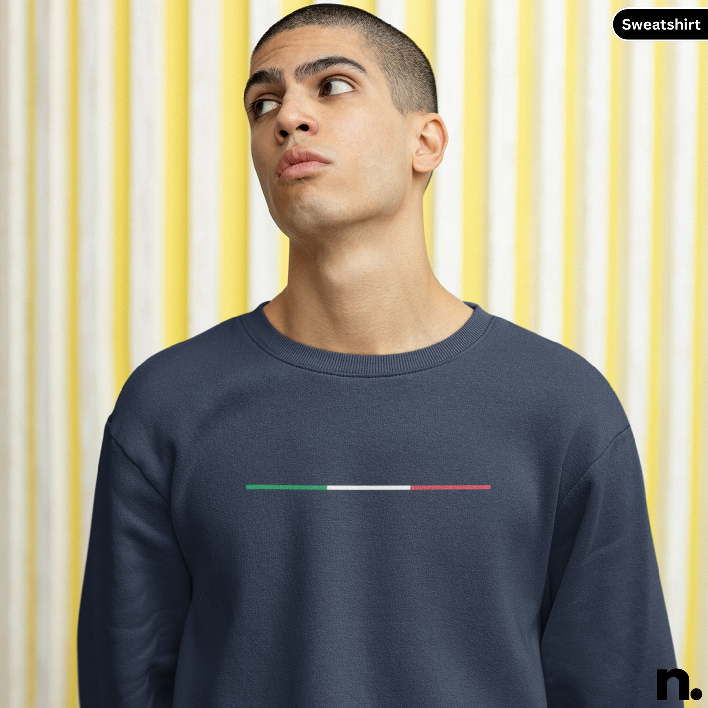 Man wearing a navy blue sweatshirt with a flag design against a yellow and white striped background Abarth 500 Poster Style Sweatshirt