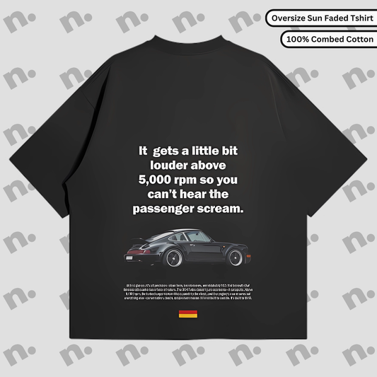 Flat lay of 964 "Louder Above 5000 RPM" oversized T-shirt in washed gradient cotton, featuring drop shoulders and bold car enthusiast design.