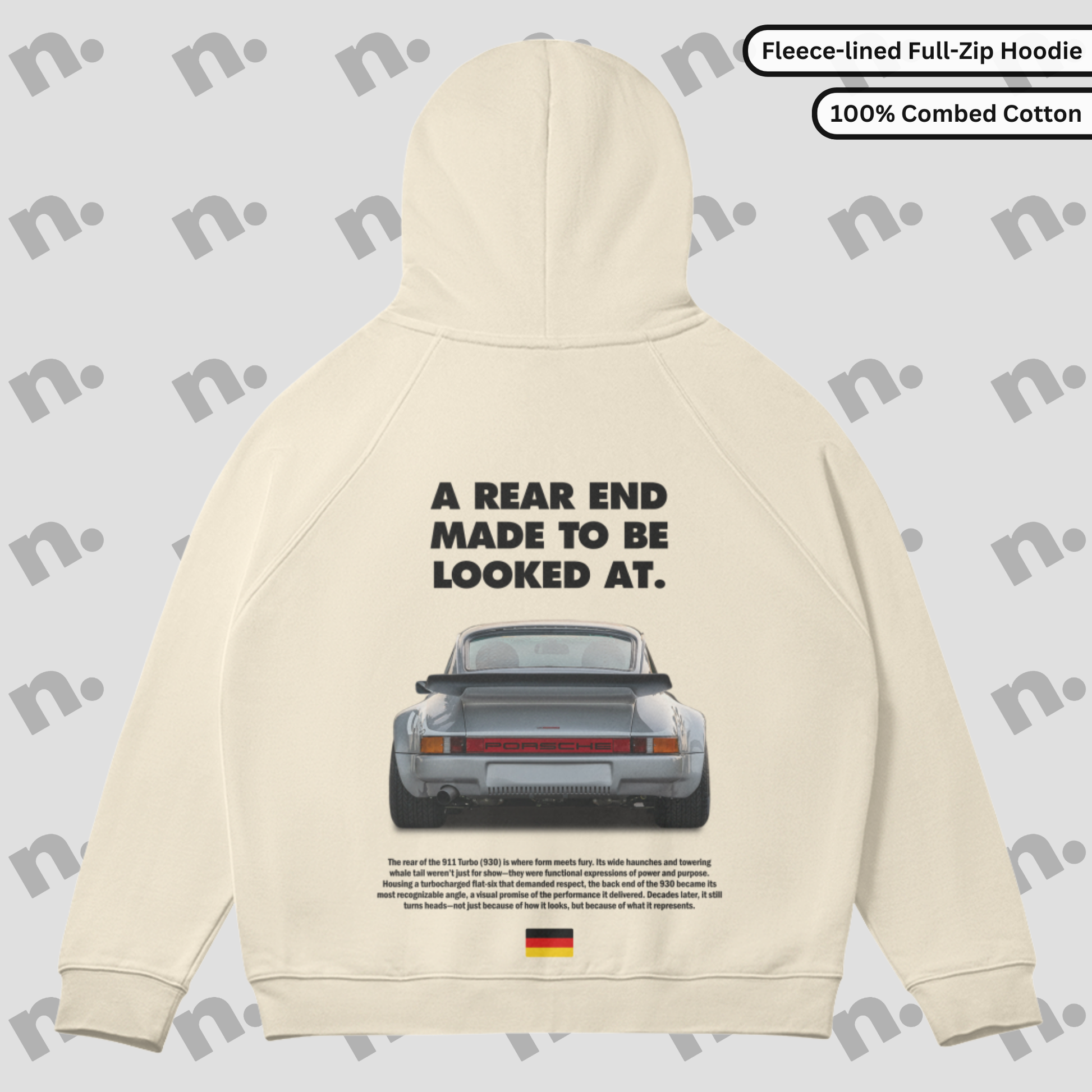 Porsche 930 Turbo rearview full zip hoodie – premium zip-up hoodie featuring classic turbocharged Porsche styling

