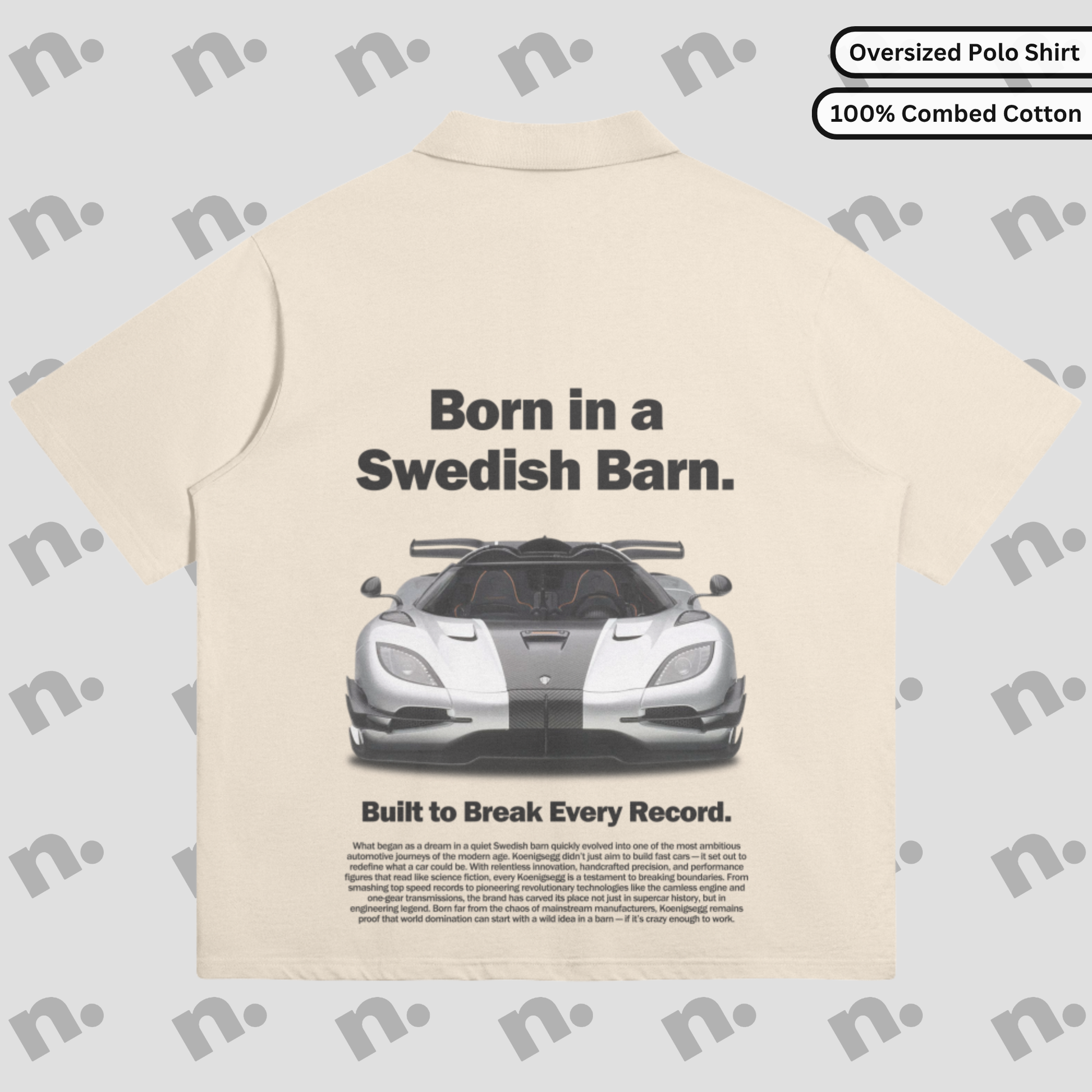 Oversized premium polo shirt inspired by the Koenigsegg One poster style — minimalist, bold, and built for car culture