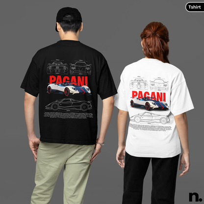 Two people wearing t-shirts with Pagani car designs on the back, one black and one white.Zonda C12 poster style T-shirt featuring a detailed supercar graphic, clean automotive artwork, and modern streetwear design.

