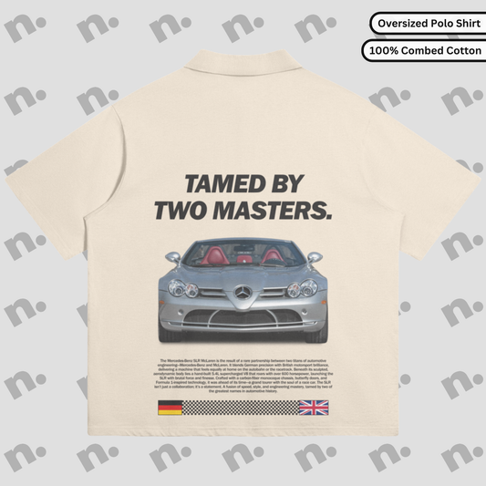 Flat lay of oversized polo shirt featuring “TAMED BY TWO MASTERS.” Mercedes-Benz SLR McLaren graphic, spread collar, and relaxed drop shoulder fit in earth-tone color palette.