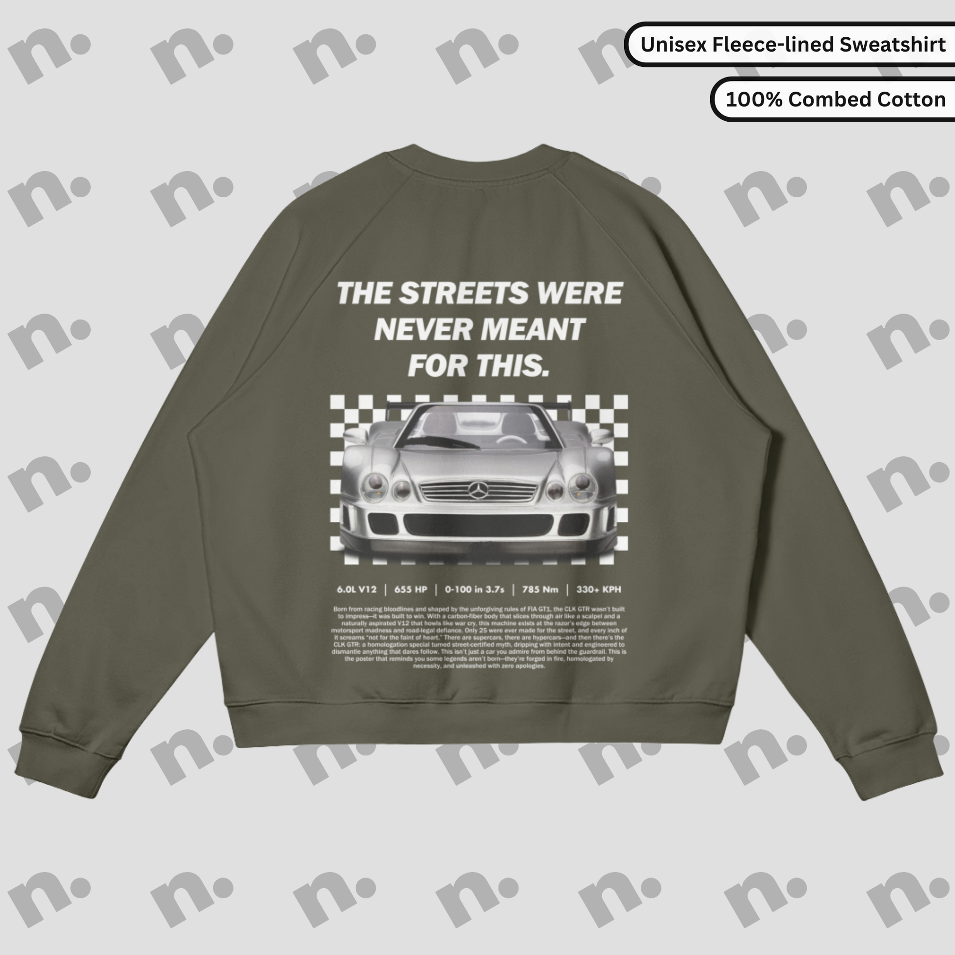 Heavyweight earth-toned fleece pullover with raglan sleeves and relaxed fit inspired by motorsport design.