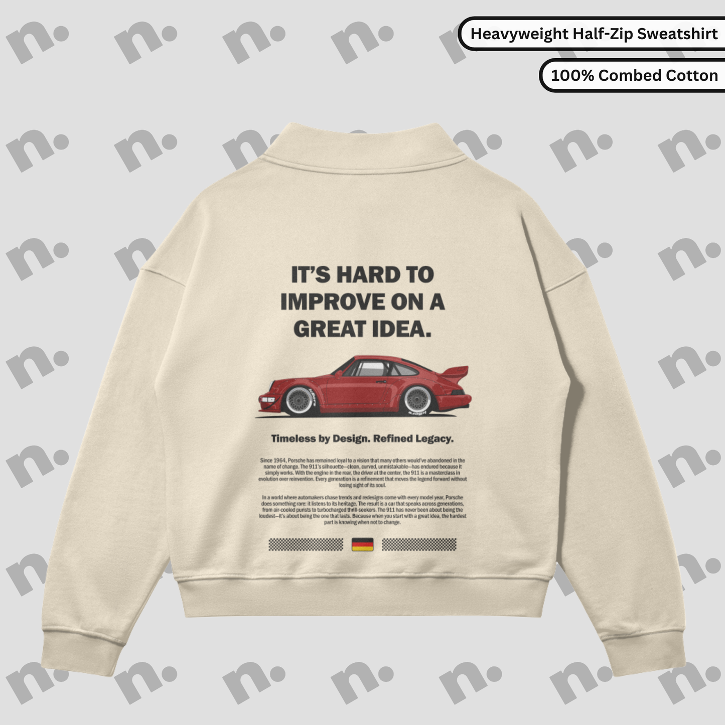 vStand collar half-zip sweatshirt inspired by the Porsche 911 legacy, featuring a clean, motorsport-influenced design with a premium fit for automotive enthusiasts.

