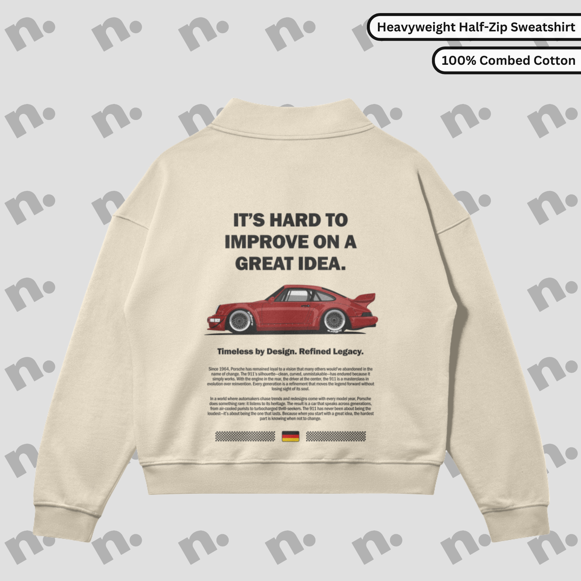 vStand collar half-zip sweatshirt inspired by the Porsche 911 legacy, featuring a clean, motorsport-influenced design with a premium fit for automotive enthusiasts.

