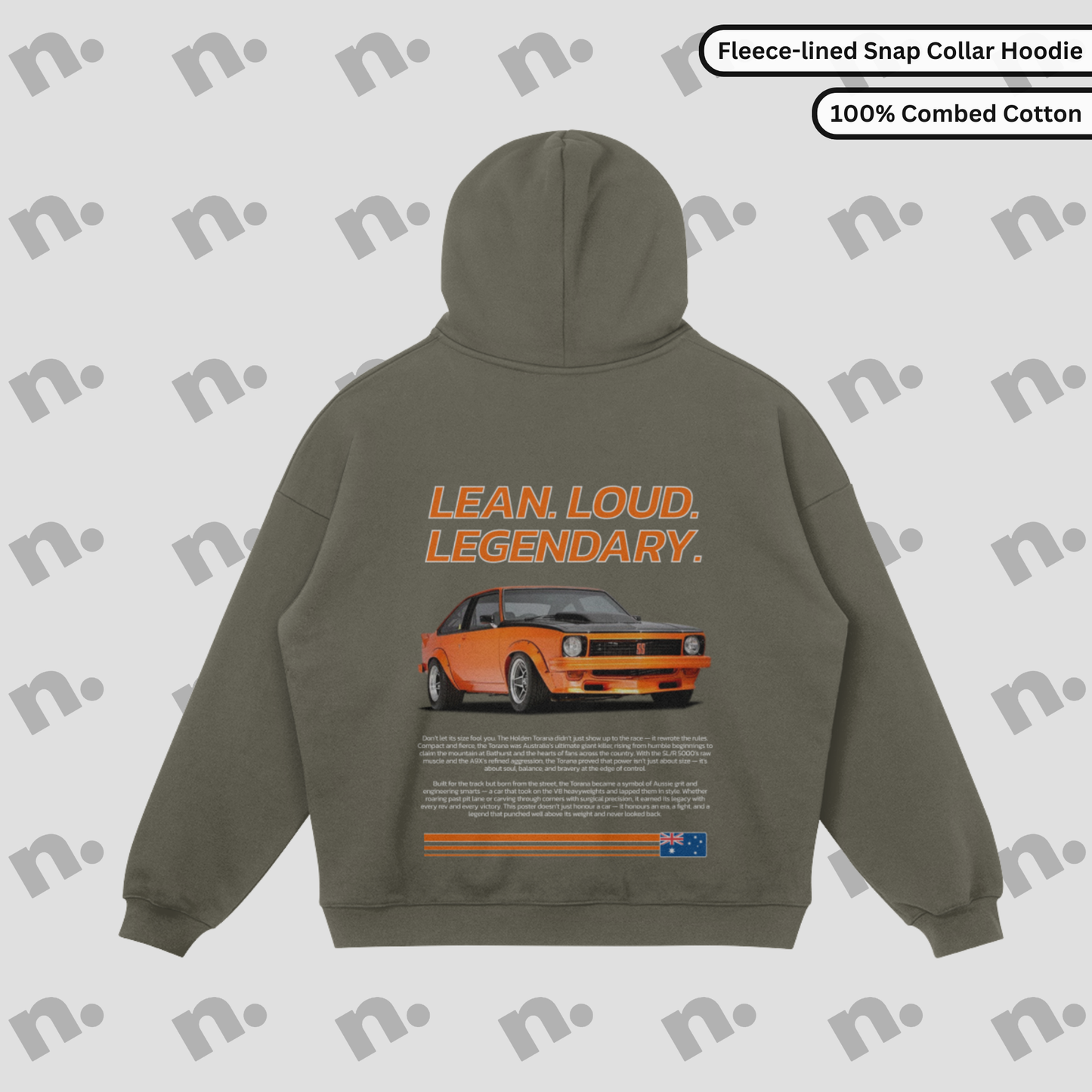 Flat lay of heavyweight Torana hoodie featuring “LEAN. LOUD. LEGENDARY.” design, showcasing bronze snap button collar and relaxed fit for a rugged, vintage streetwear look.