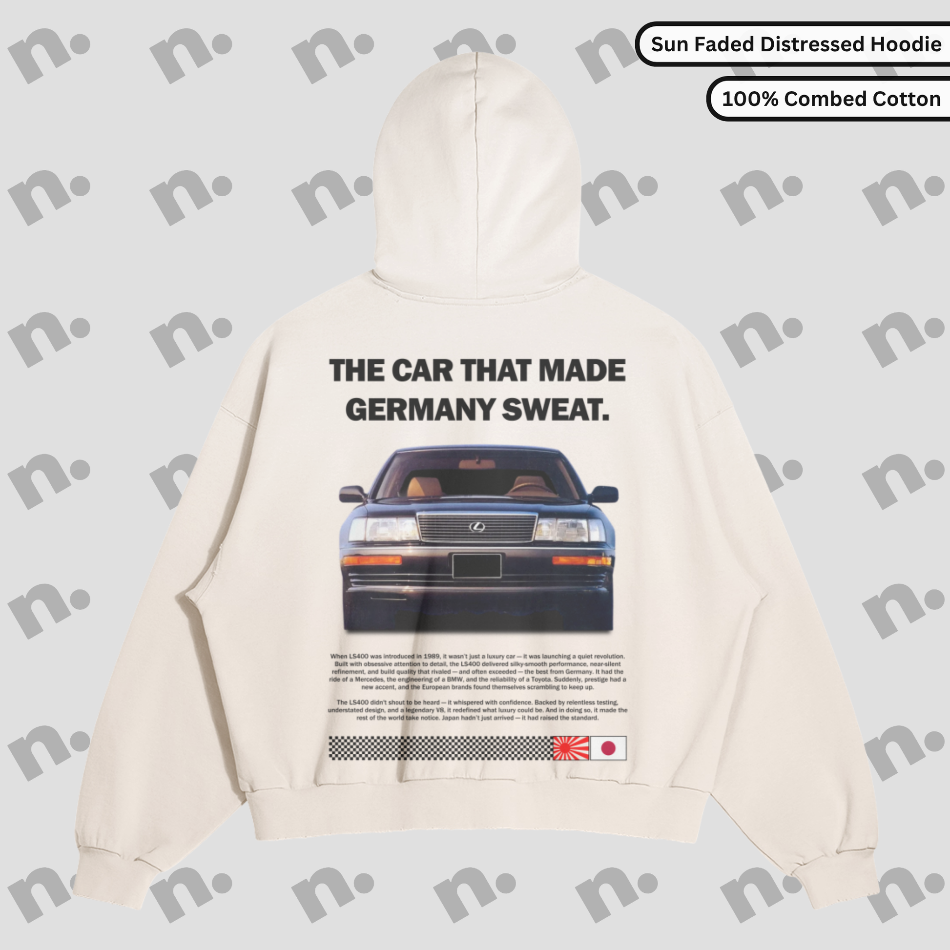 Distressed oversized hoodie with sun-faded gradient wash, inspired by the Lexus LS400.