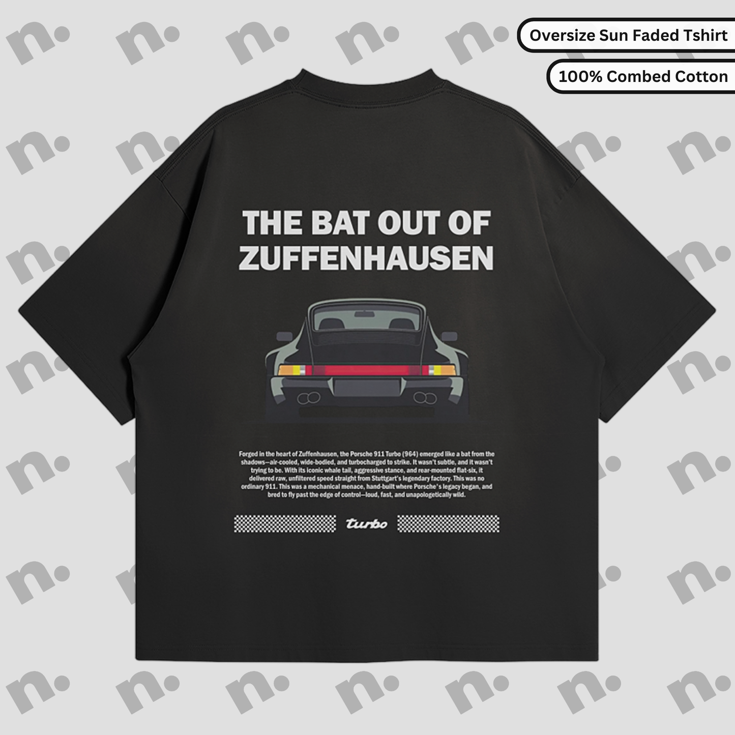 Flat lay of Zuffenhausen Bat 911 premium oversized T-shirt in vintage washed gradient, featuring soft 100% combed cotton and drop shoulder design.