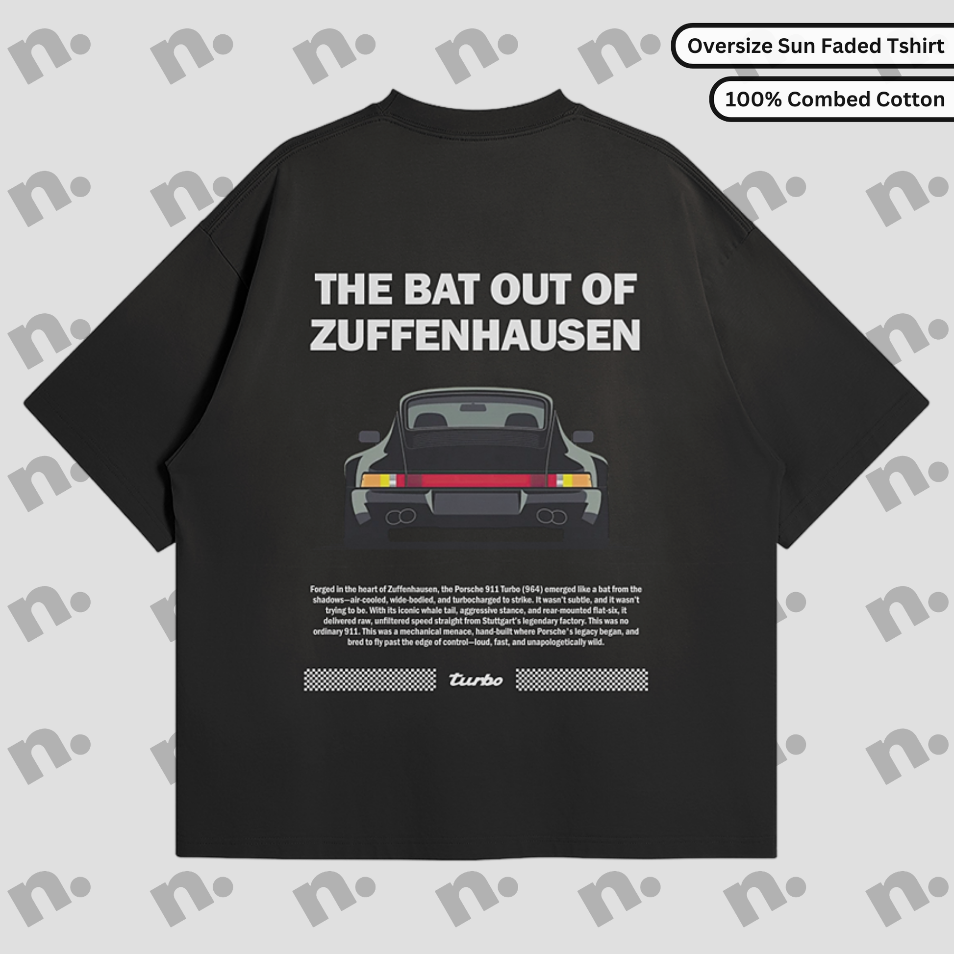 Flat lay of Zuffenhausen Bat 911 premium oversized T-shirt in vintage washed gradient, featuring soft 100% combed cotton and drop shoulder design.