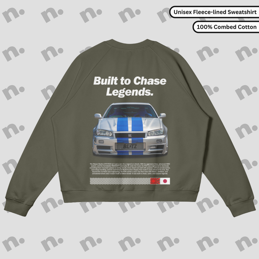 Heavyweight fleece-lined sweatshirt with GTR R34 back graphic and ‘Built to Chase Legends’ typography.