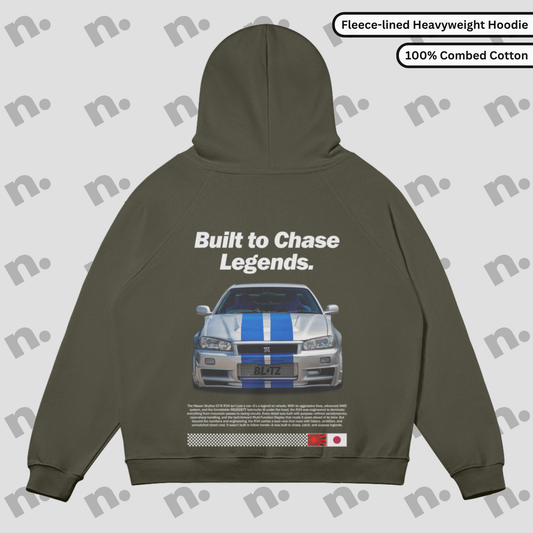 Oversized fleece-lined hoodie with R34 GTR back graphic and bold ‘Built to Chase Legends’ design.