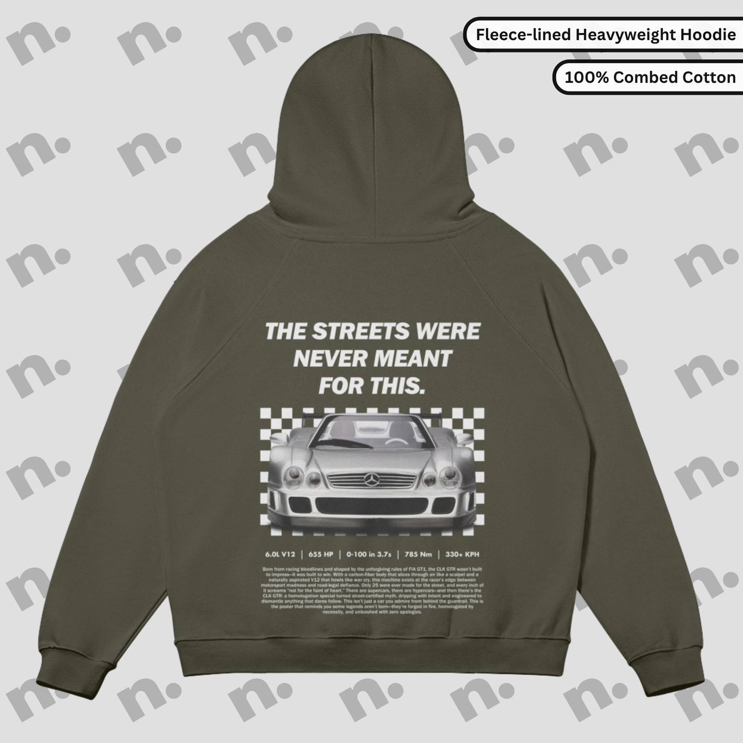 Oversized fleece-lined hoodie inspired by the legend in grayscale tones with raglan sleeves and high collar.