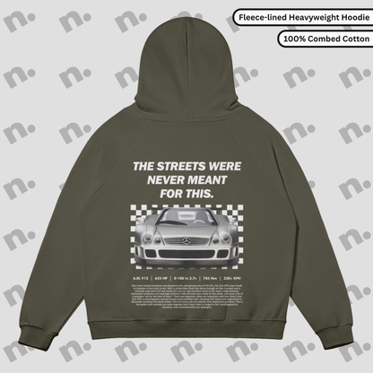 Oversized fleece-lined hoodie inspired by the legend in grayscale tones with raglan sleeves and high collar.
