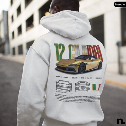 12 Cilindri poster style engine graphic printed on unisex hoodie
white