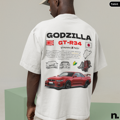 Godzilla GTR R34 V-spec II Nur Poster Style Back Print Unisex Cotton Tee,