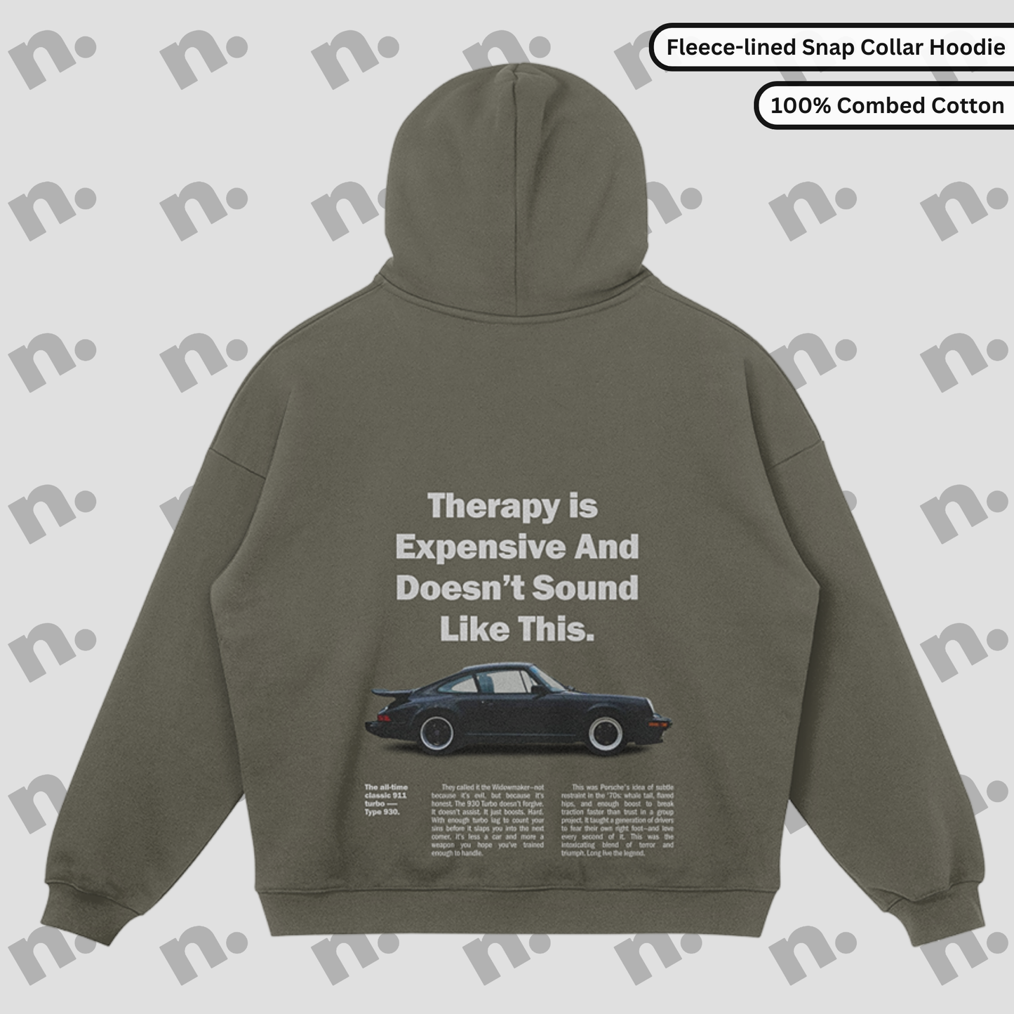 Flat lay of the 911 Therapy Snap Collar Fleece Premium Hoodie featuring a classic 911 graphic and 'Therapy is Expensive' slogan.