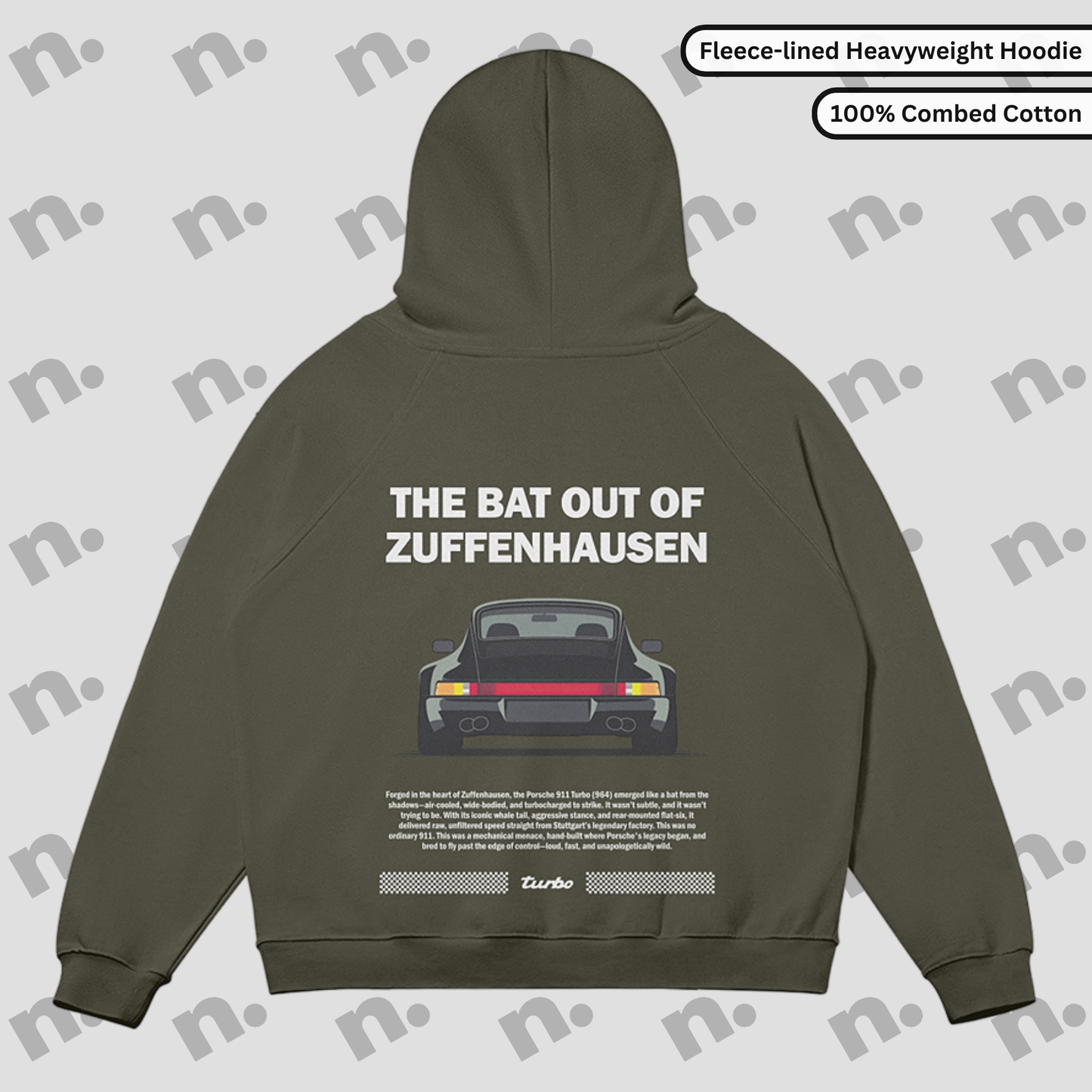 Flat lay of Zuffenhausen Bat 911 heavyweight fleece-lined hoodie in grayscale, with snap collar, kangaroo pocket, and oversized fit.