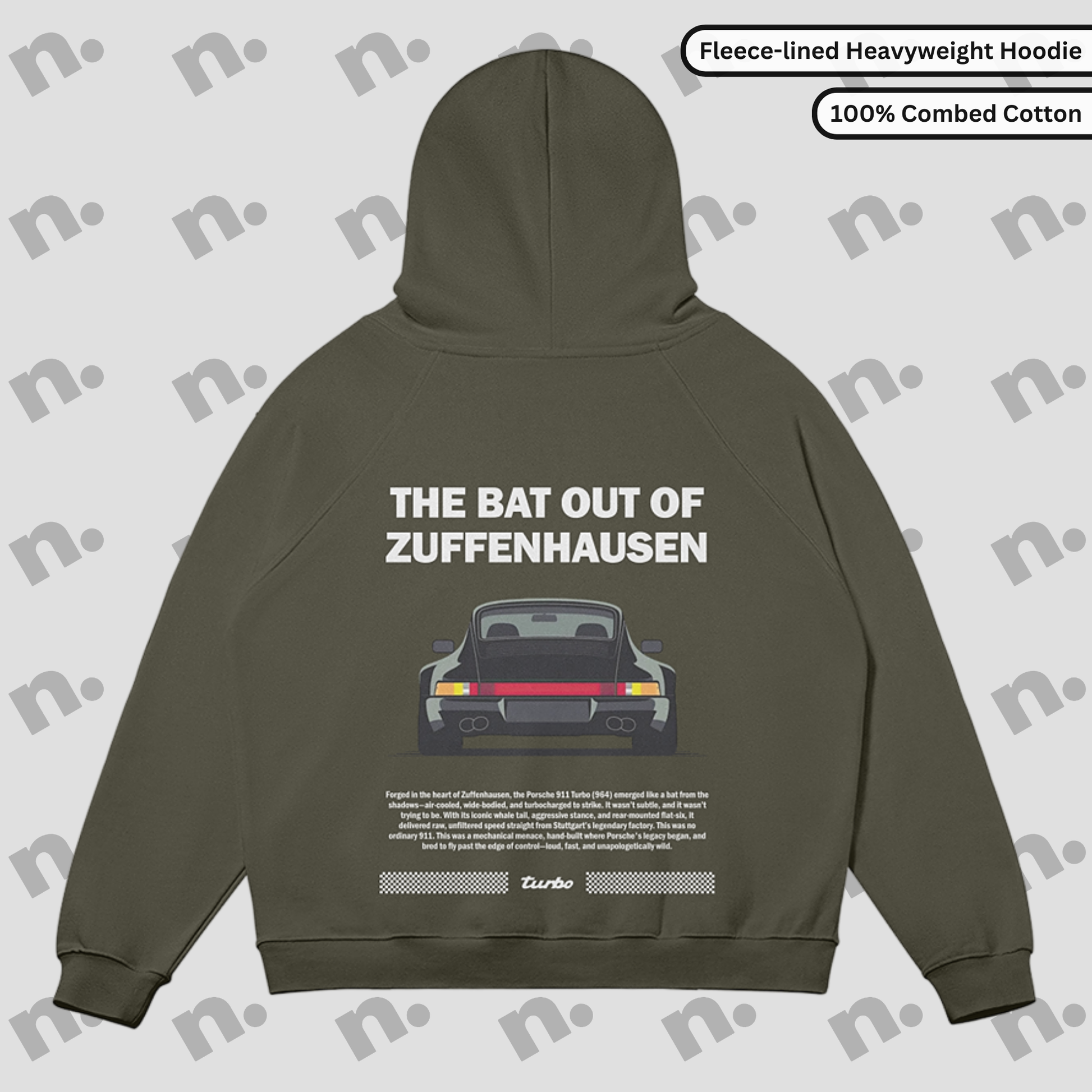 Flat lay of Zuffenhausen Bat 911 heavyweight fleece-lined hoodie in grayscale, with snap collar, kangaroo pocket, and oversized fit.