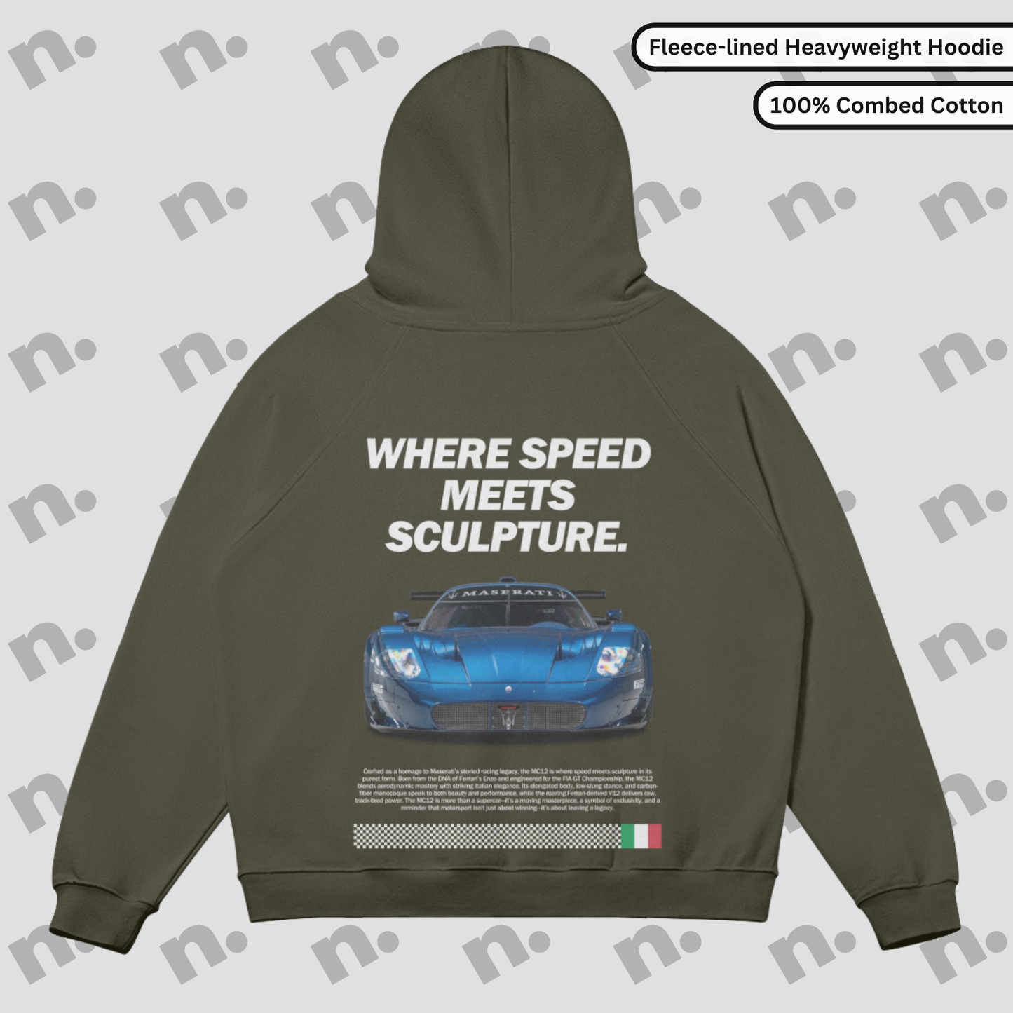 Flat lay of heavyweight fleece-lined hoodie in grayscale tones with a minimalist automotive-inspired design, featuring an oversized fit and kangaroo pocket.

