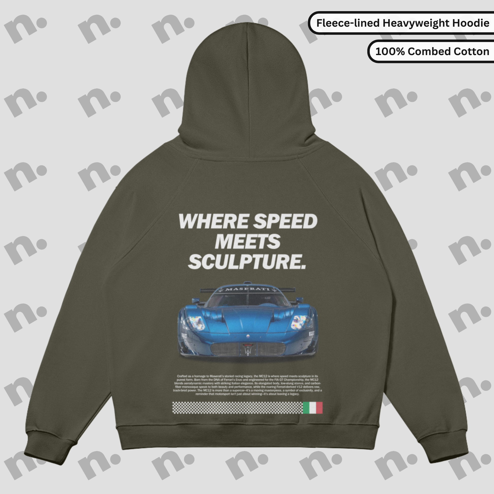 Flat lay of heavyweight fleece-lined hoodie in grayscale tones with a minimalist automotive-inspired design, featuring an oversized fit and kangaroo pocket.

