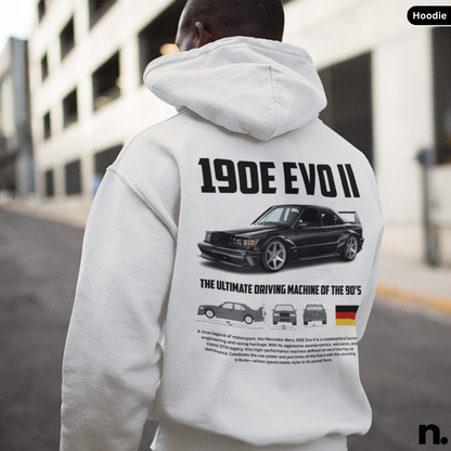 Streetwear hoodie featuring Mercedes 190E Evo 2 poster-style graphic – bold automotive design for car enthusiasts

