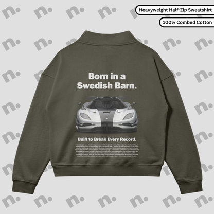 Half-zip stand collar sweatshirt inspired by the Koenigsegg One’s bold poster visuals — premium fleece-lined construction